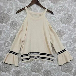 Knitted Linen Blend Cold Shoulder Knit Top With Flare Sleeves & Striped Hem